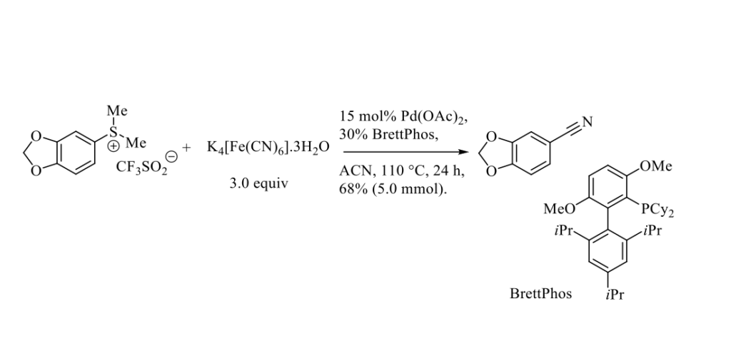 Palladium-catalyzed cyanation of aryl sulfonium salts with potassium ferrocyanide